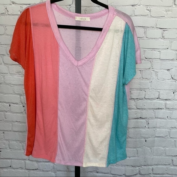 entro Tops - Entro Linen Blend Color Block Rainbow V-Neck Shirt